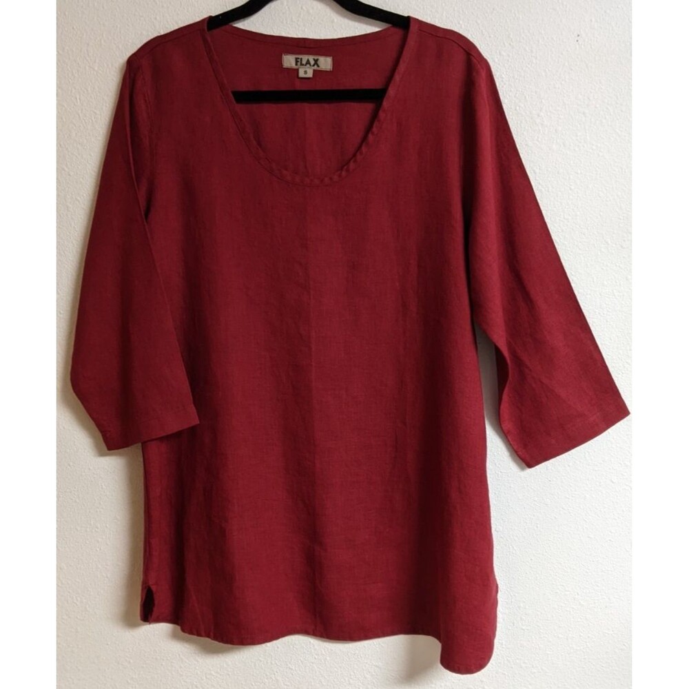 FLAX Burgundy 100% Linen Scoop Neck 3/4 Sleeve Tunic Top Small